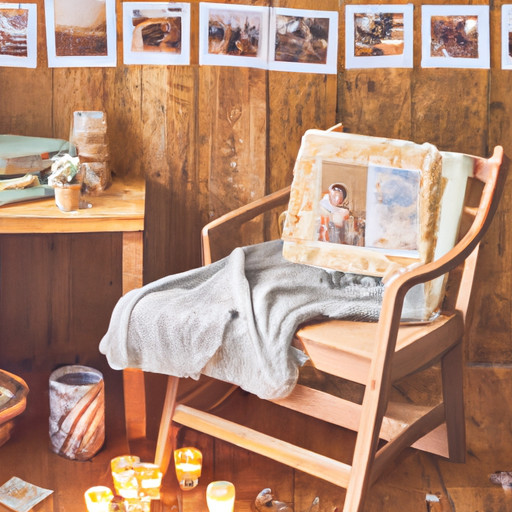 An image featuring a cozy living room with a handmade photo collage displayed on the wall, a DIY knitted blanket draped over a vintage armchair, and a stack of homemade scented candles on a rustic wooden table, all exuding budget-friendly handmade birthday gift inspiration