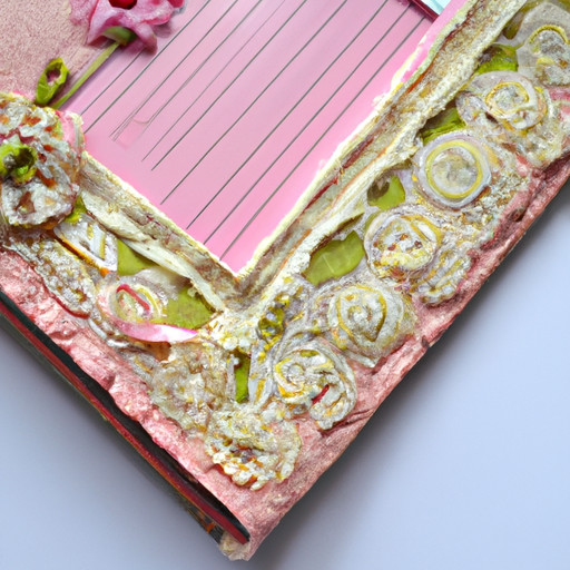 An image showcasing a beautifully handcrafted photo album, adorned with delicate lace, vintage buttons, and intricate embroidery