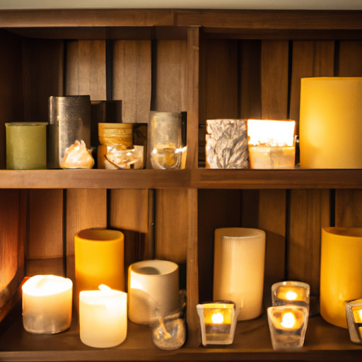 An image of a cozy, rustic wooden shelf adorned with an assortment of beautifully handcrafted candles in different shapes, sizes, and colors