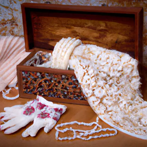 An image showcasing a charming, rustic wooden jewelry box, hand-carved with delicate floral patterns, adorned with a dainty pearl necklace, and filled with hand-knitted scarves and cozy mittens
