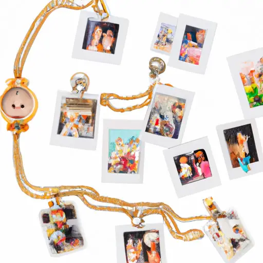 An image showcasing a collage of small, handcrafted photo charms, delicately hanging from a golden chain bracelet, capturing precious memories