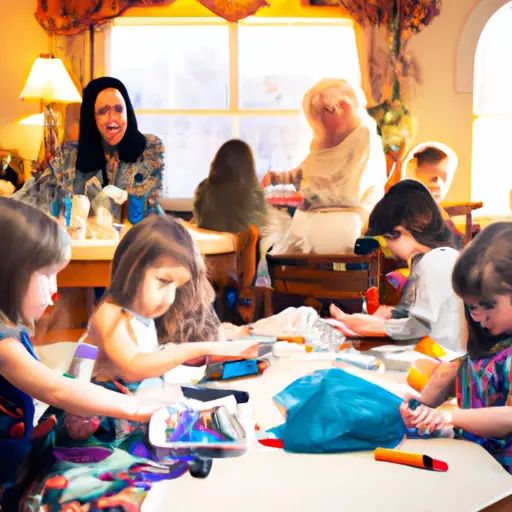 An image capturing the warmth of a cozy living room, where a family is gathered around a table covered in arts and crafts supplies