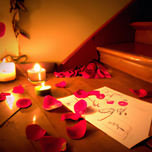 An image of a candlelit room with rose petals scattered on the floor, leading to a trail of handwritten love notes