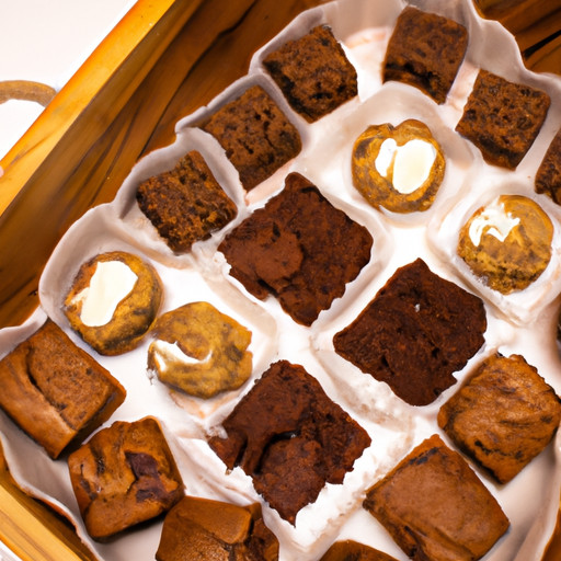An enticing image showcasing a beautifully decorated wooden tray filled with mouthwatering homemade treats, including rich chocolate truffles, delectable cookies, and irresistible fudgy brownies