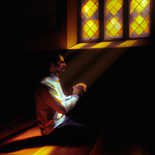 An image showcasing a serene, dimly-lit room with rays of sunlight filtering through stained glass windows, casting vibrant hues on a humble man kneeling in prayer, his hands clasped together in reverence