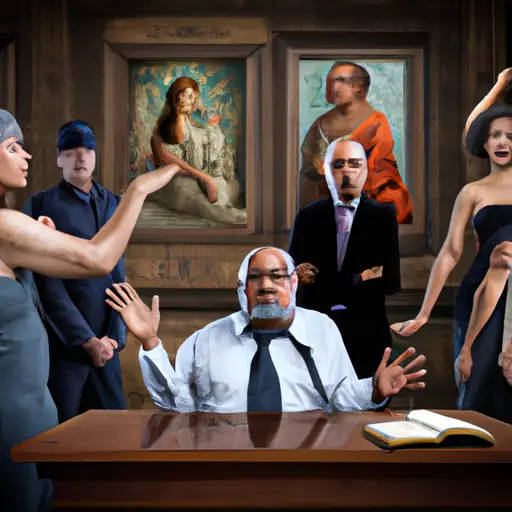 An image depicting a courtroom scene with a self-obsessed ex-husband dominating the space, confidently manipulating emotions, displaying arrogant body language, and commanding attention while others appear powerless and disheartened