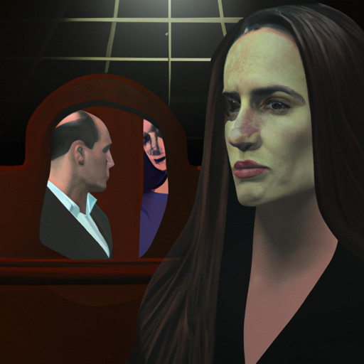 An image depicting a woman standing in a courtroom, her composed face reflecting resilience, while her ex-husband's distorted reflection looms behind her, illustrating the emotional challenges faced during court proceedings