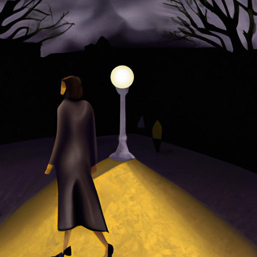 An image depicting a woman walking confidently on a dimly lit street, illuminated only by a flickering street lamp