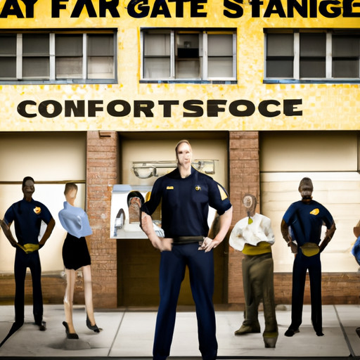 An image showcasing a confident woman standing tall, reporting a creepy guy at a vibrant police station, surrounded by supportive officers and encouraging posters promoting safety and empowerment