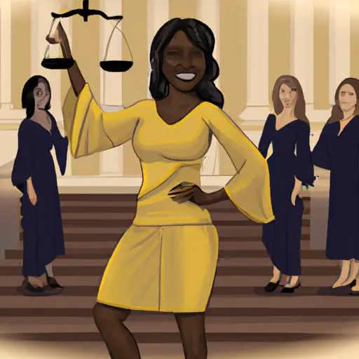 An image depicting a woman confidently standing tall in a courtroom, surrounded by a supportive legal team, as she holds the scales of justice with a victorious smile