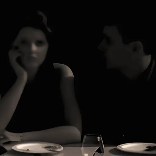 An image showcasing a couple sitting at opposite ends of a dimly lit table, their faces obscured by shadows