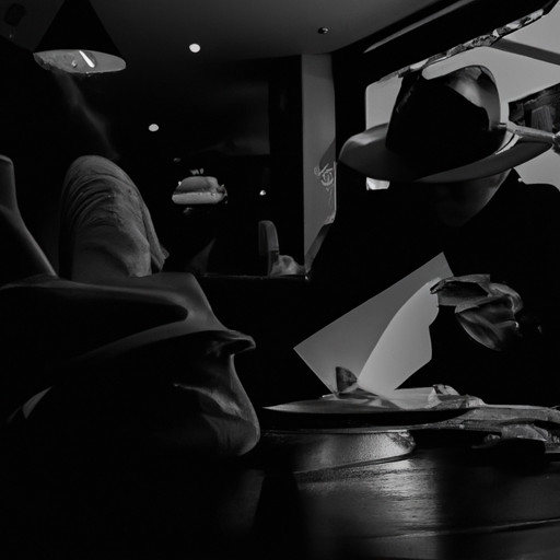 An image showcasing a shadowy figure seated at a dimly lit café table, discreetly passing a sealed envelope to another individual, their faces obscured by hats and sunglasses, hinting at the clandestine world of affairs