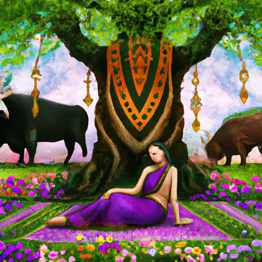 An image depicting a serene garden, with blooming flowers in vibrant colors and a content Taurus woman peacefully resting under a tree, surrounded by symbols of stability, loyalty, and determination