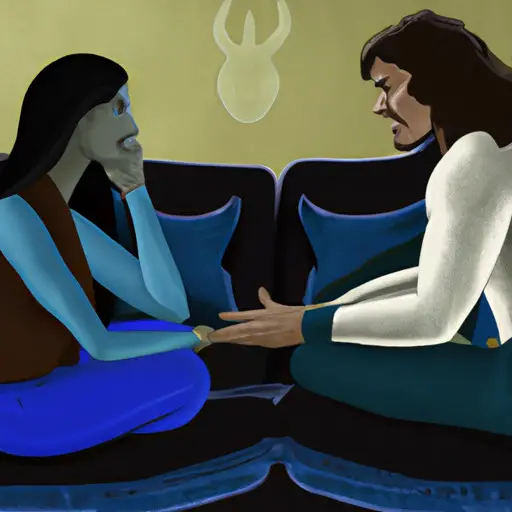 An image showcasing a Taurus woman and her partner engaging in a heartfelt conversation, seated on a cozy couch