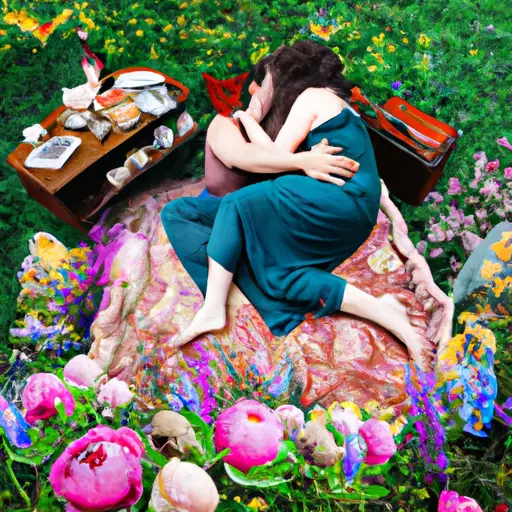 An image showcasing a Taurus woman tenderly embracing her partner, both surrounded by a lush garden filled with blooming flowers and a cozy picnic setup