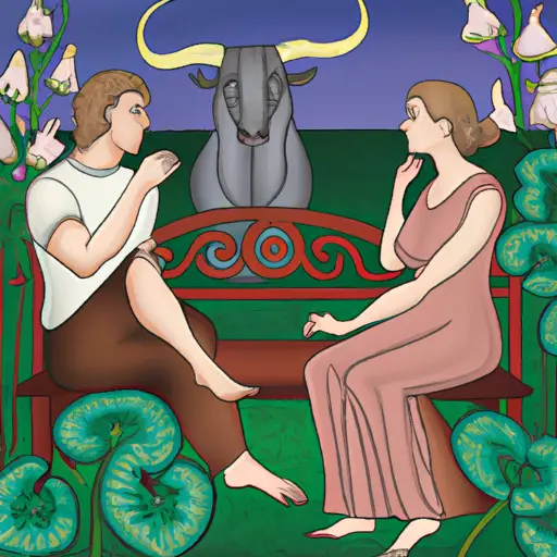 An image of a serene garden with a Taurus woman and her partner sitting on a bench, engaged in a calm conversation
