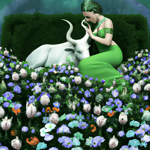 An image showcasing a serene garden scene with a Taurus woman gently tending to a bed of blooming flowers, symbolizing the process of rebuilding trust and communication