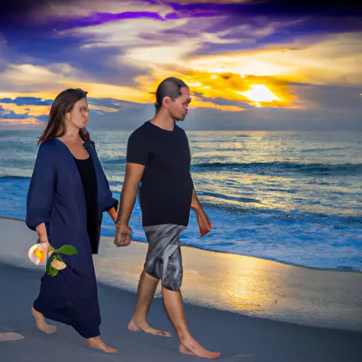 An image showcasing a couple walking hand in hand on a serene beach at sunset