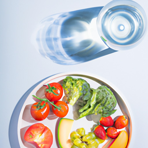 An image showcasing a vibrant plate filled with colorful fruits and vegetables, alongside a glass of refreshing water, emphasizing the importance of a balanced diet in maintaining a healthy and radiant smile