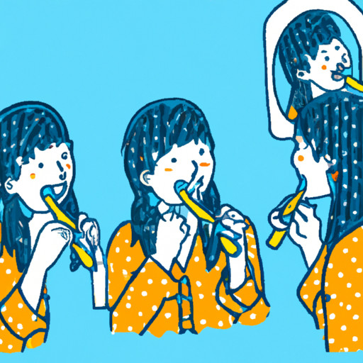 An image depicting a person standing in front of a mirror, brushing their teeth with proper technique, while maintaining a consistent and gentle motion