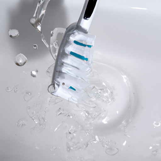 An image showcasing a bright, white toothbrush with a dollop of toothpaste, surrounded by sparkling drops of water, against a clean and pristine bathroom sink