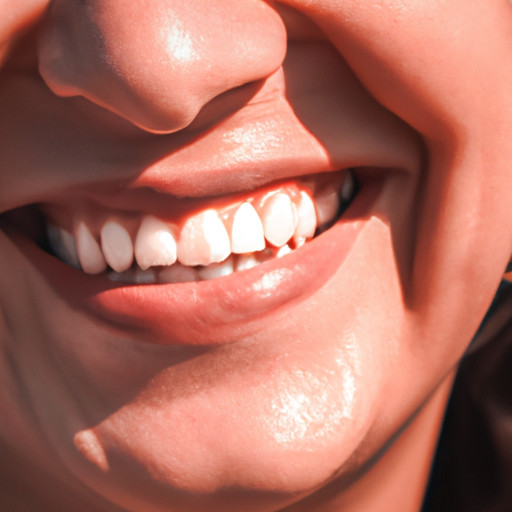 An image showcasing a radiant smile: a close-up of a person's face with pearly white, perfectly aligned teeth illuminated by sunlight, accentuated by a genuine smile that exudes confidence and joy