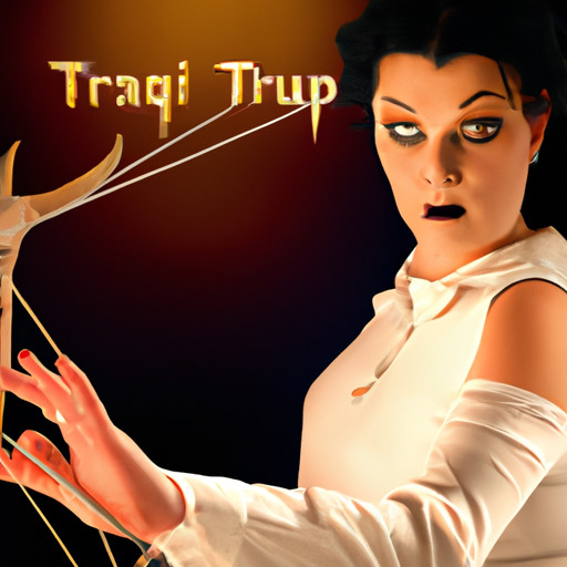 An image depicting a Taurus woman subtly smirking while guiding a puppeteer's strings, symbolizing manipulation