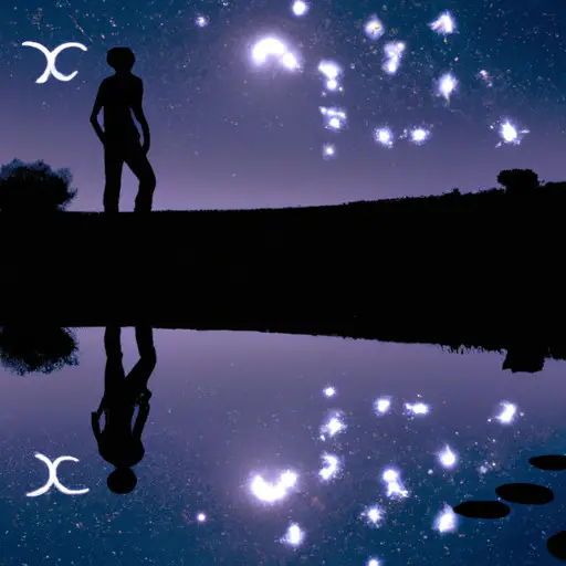 An image showcasing a curious Taurus constellation glittering against a moonlit backdrop, while a perplexed man gazes at a reflection in a crystal-clear pond, symbolizing the intricate mystery of deciphering a Taurus woman's intentions
