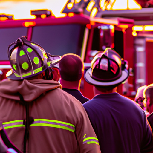 An image capturing the vibrant atmosphere of a firefighter event: a crowd of people, adorned in firefighter gear, engaging in lively conversations, as firetrucks stand proudly in the background, all under a setting sun