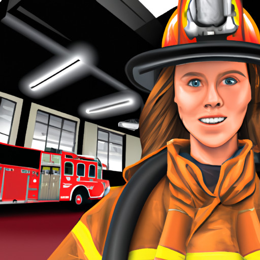 An image featuring a young woman confidently wearing firefighting gear, surrounded by a bustling fire department