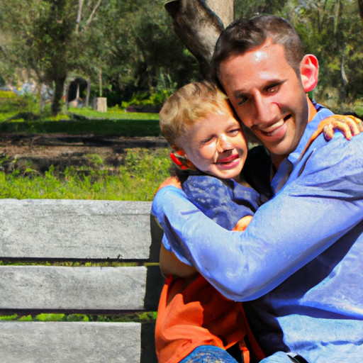 An image showcasing a single dad and child sharing a warm hug on a sunny park bench, brimming with joy and trust