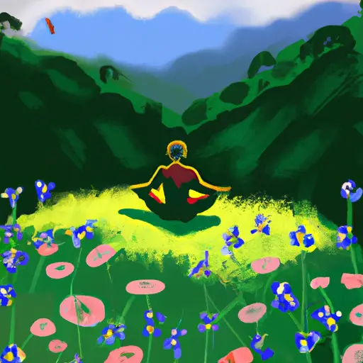 An image that depicts a person peacefully meditating alone on a serene mountaintop, surrounded by lush greenery and colorful blossoms, symbolizing the importance of prioritizing personal growth and self-care to avoid catching unnecessary emotions