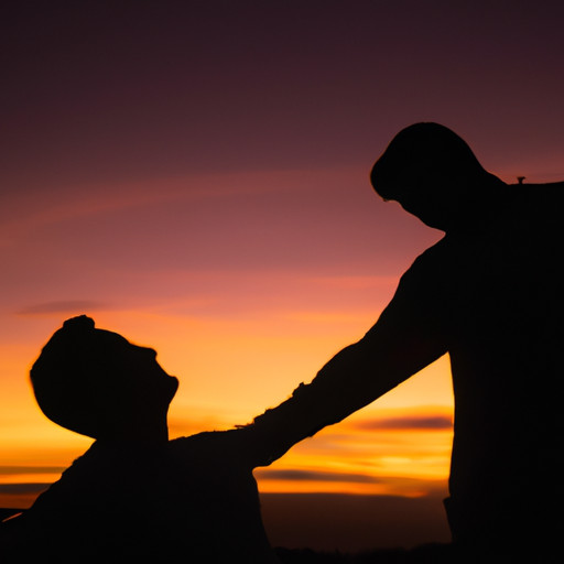 An image featuring two silhouettes leaning against a sunset-lit horizon, one reaching out with a tender touch to the other's shoulder, conveying empathy and support
