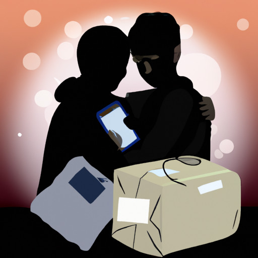 An image featuring a comforting virtual hug between two silhouetted figures, one holding a care package filled with thoughtful items like handwritten letters, photos, and a cozy blanket, symbolizing the practical support given to a grieving partner from afar