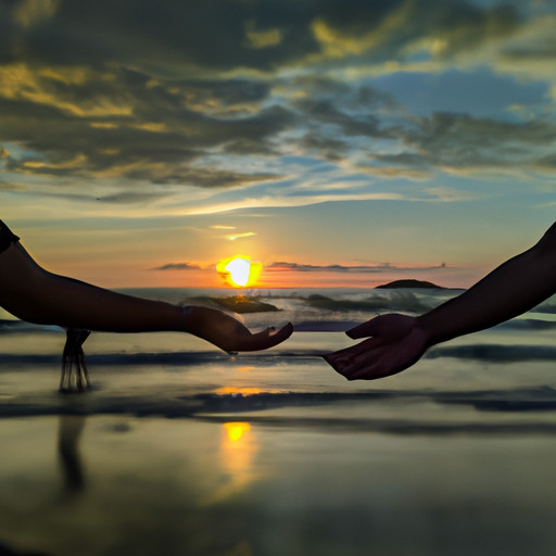 An image showcasing a serene sunset over a tranquil beach, with two silhouettes holding hands, one slightly hunched, conveying solace and support