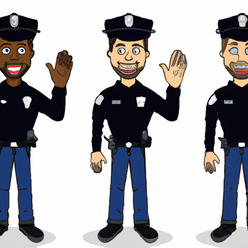 An image depicting a police officer's body language: a relaxed stance, open palms, and a friendly smile