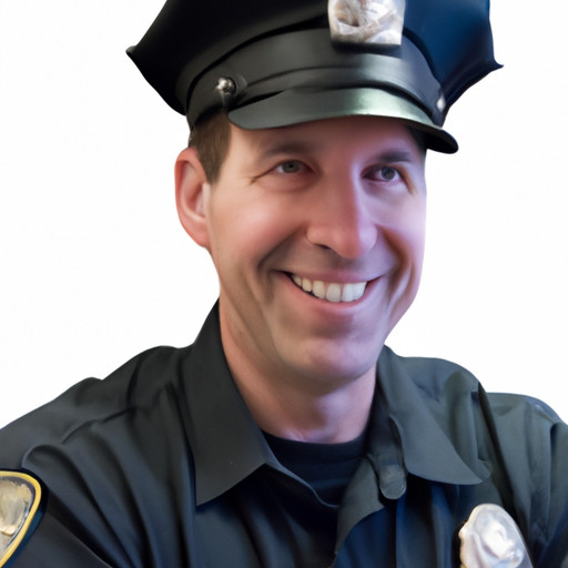An image featuring a police officer engaged in a conversation, leaning forward with attentive body language, maintaining eye contact, nodding affirmatively, and displaying a genuine smile, indicating their liking towards the individual they are speaking with