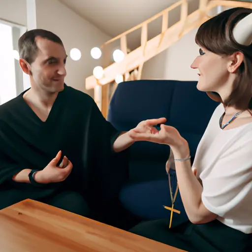 An image depicting a Taurus woman and her partner engaged in open and empathetic conversation, sitting face-to-face in a cozy living room, with attentive body language and genuine smiles