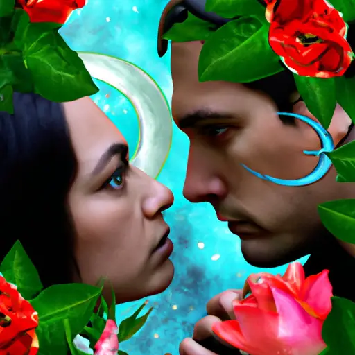 An image capturing the essence of trust and emotional connection, portraying a Taurus woman and her partner engaging in a heartfelt conversation, their eyes locked with understanding, while surrounded by blooming roses symbolizing the renewal of love