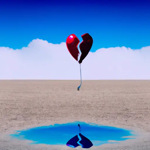 An image of a desolate heart-shaped balloon floating alone in a vast blue sky, with shadows of shattered hearts on the ground