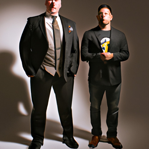 An image showcasing a tall, confident man standing next to a shorter man, both in stylish attire