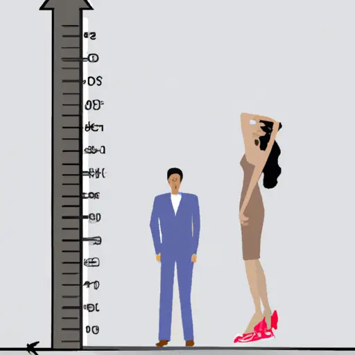 An image showcasing a tall woman standing next to a height chart, where the shortest measurement is crossed out