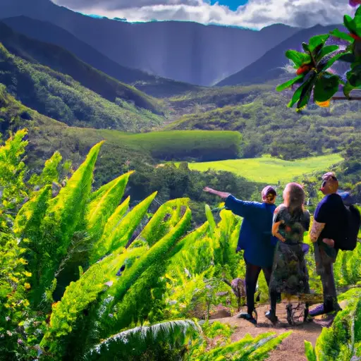 An image featuring two couples hiking on a picturesque mountain trail, surrounded by lush greenery and breathtaking views