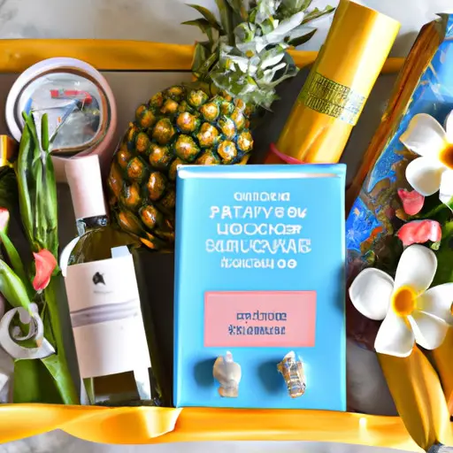 An image of a beautifully arranged welcome bag for a destination wedding, showcasing essential items like sunscreen, local snacks, personalized water bottles, city maps, and mini champagne bottles, all surrounded by tropical flowers and a passport