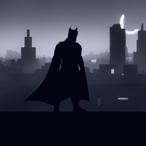 An image showcasing Batman's enigmatic persona: a silhouette of the Caped Crusader, standing tall on a Gotham City rooftop, surrounded by the city's iconic skyline, exuding a mysterious aura that embodies the essence of a Sigma Male