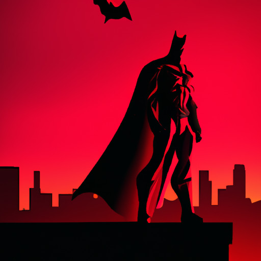An image showcasing Batman, standing tall on a Gotham City rooftop, his striking silhouette outlined against a blood-red sky, symbolizing the enigmatic allure and lone wolf nature of a Sigma Male