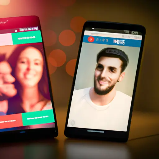 An image featuring a close-up of two smartphones side by side, one displaying a dating app interface with blurred profile pictures, while the other shows a blurred image of a couple in a traditional romantic setting