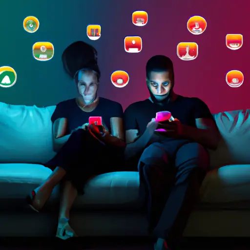 An image capturing a couple sitting side by side on a couch, engrossed in their individual phones, as the glow from the dating app icons illuminates their faces, symbolizing the potential impact of dating apps on relationship dynamics
