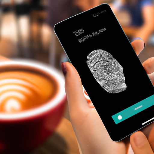 An image showcasing a smartphone with a fingerprint scanning feature, displaying a blurred background of a crowded coffee shop through the transparent Tinder app interface, emphasizing Tinder's discreet privacy features