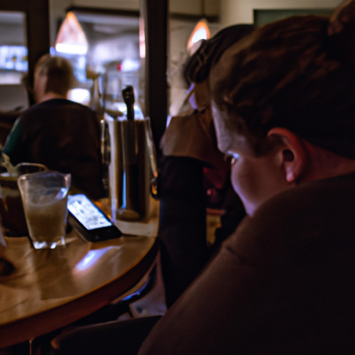 An image featuring two individuals sitting in a dimly lit café, engrossed in their smartphones